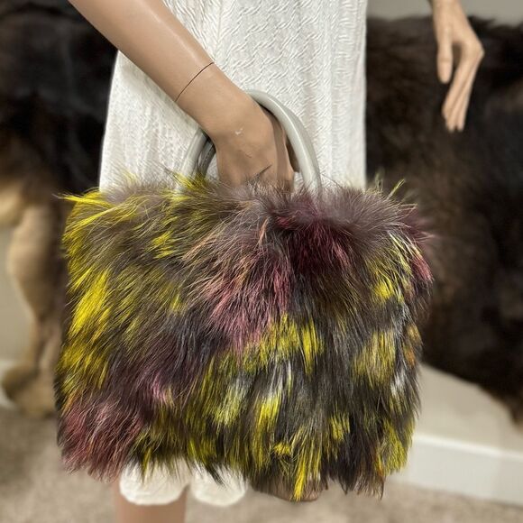 Colorful Handmade Luxury Real Fox Fur Top Handles Satchel Bag/Crossbody - Picture 6 of 16